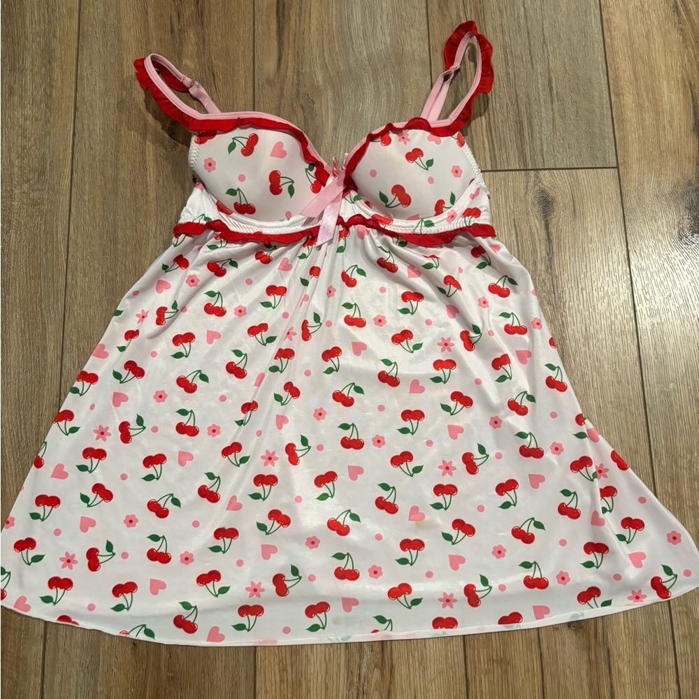 Vintage Y2K Rampage Babydoll Lingerie Top with Cherries & Hearts 💗🍒🌸